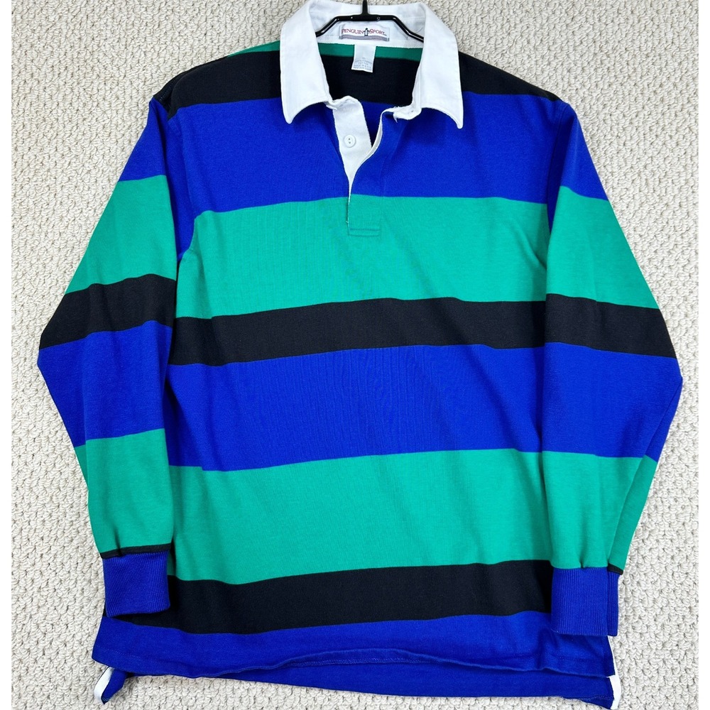 Vtg Penguin Sport Rugby Shirt Mens XL Blue/Green/Black Polo Long Sleeve USA Made
